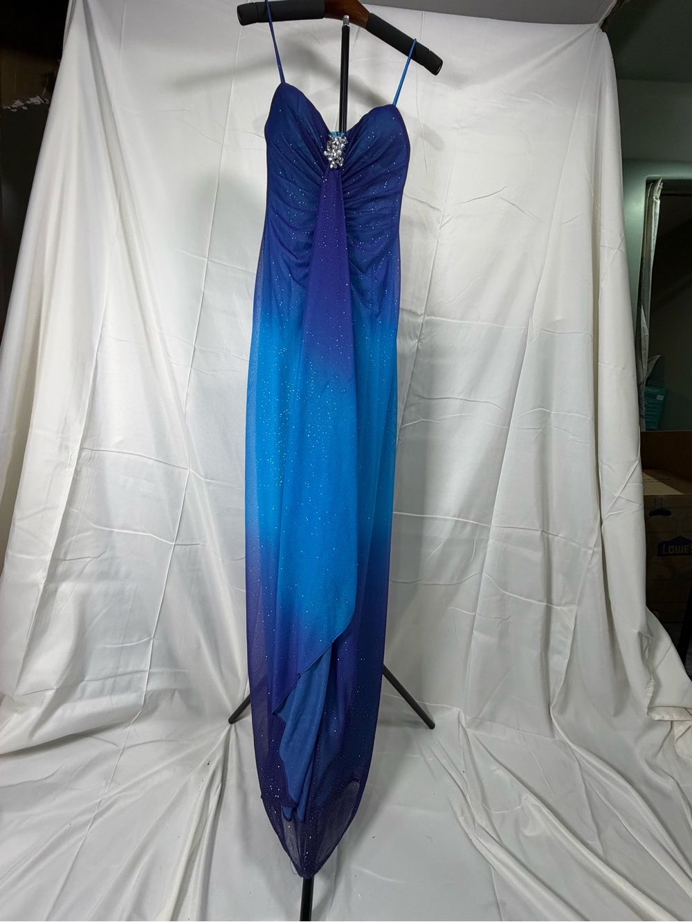 Onyx Nite Strapless Ombre Blue Evening Gown with Crystal Accent